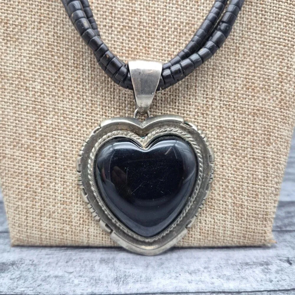 Multi Strand Bead Necklace Silver Tone Black Large Heart Pendant Whimsigoth
